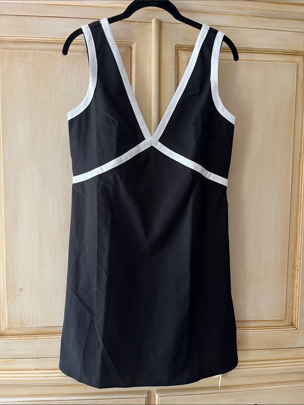 Commense Black Mini Dress with White Trim-Double v neckline-size small-NWT